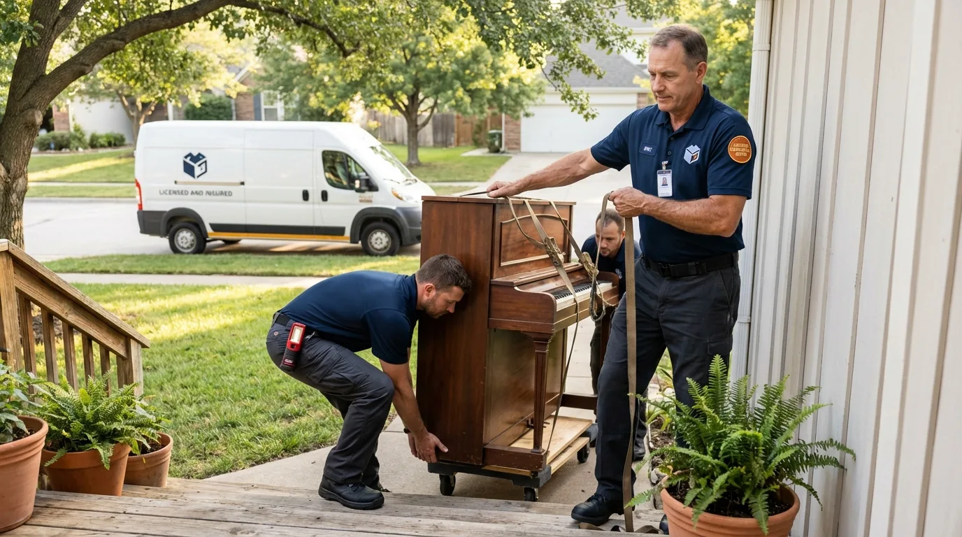 Licensed piano movers securing grand piano in Eminence, KY