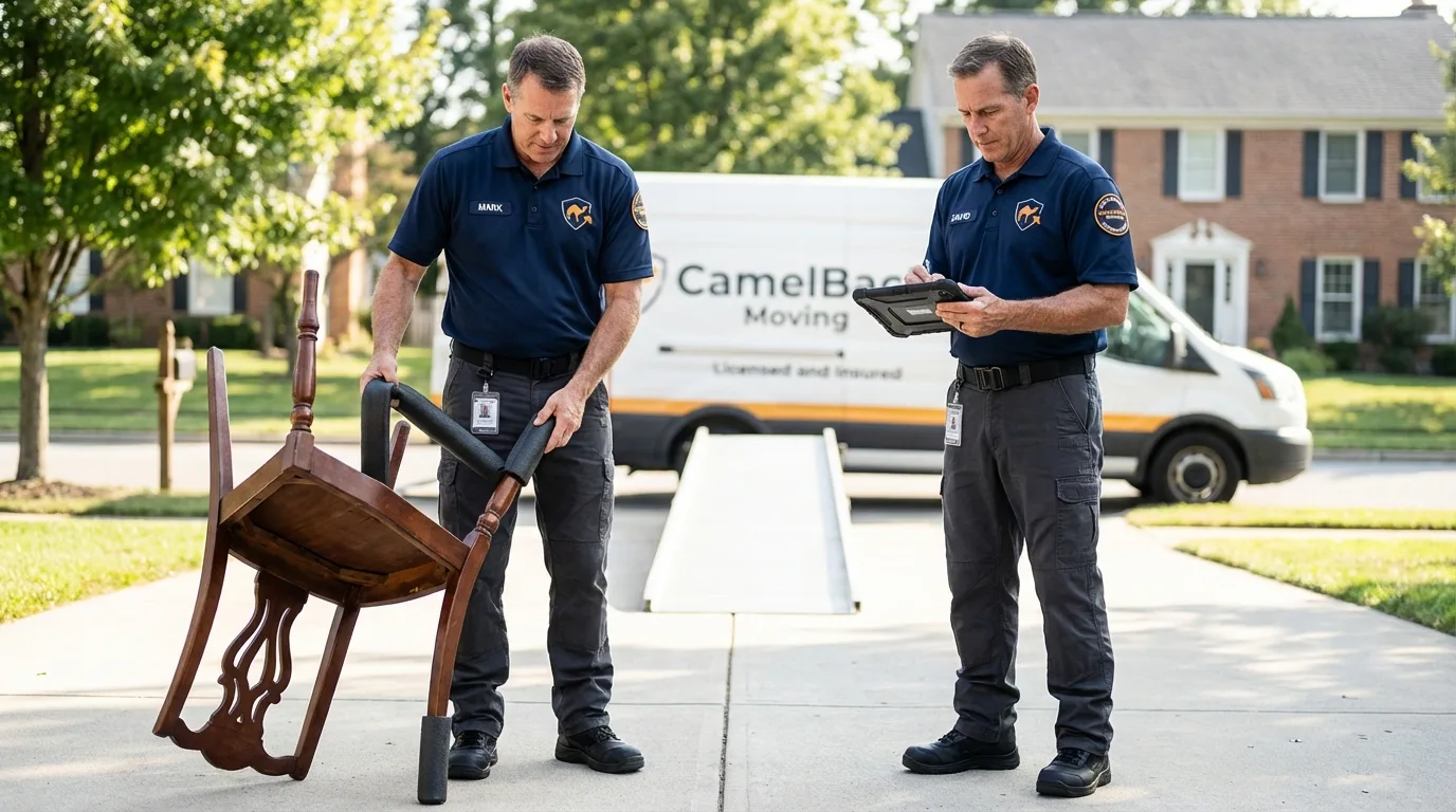 Movers inspecting furniture for damage prevention before loading in Eminence, KY