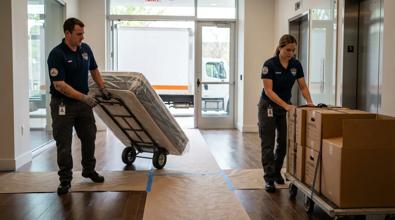 Professional apartment movers loading elevator in Eminence, KY